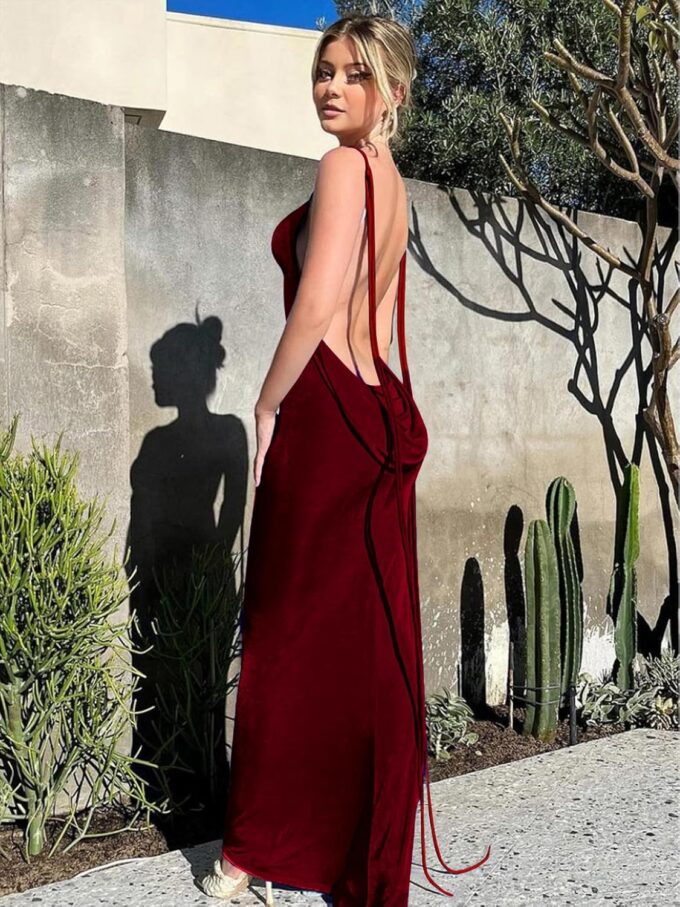 Womens 2025 Summer Backless Bodycon Maxi Dress Spaghetti Strap Halter Formal Cocktail Dresses Wedding Guest – Bild 4