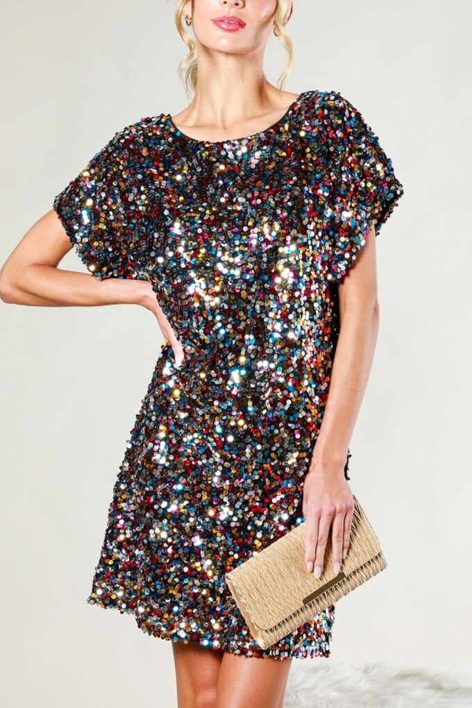 Women's Crewneck Sequin Shift Dress Short Sleeve Casual Holiday Sparkly Party Dress – Bild 6