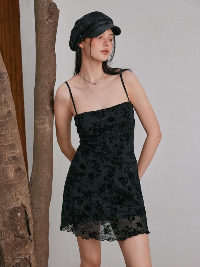 CIDER Women's Summer Mini Dress Floral Dresses Sleeveless Lace Mesh Square Neck Spaghetti Strap Short Party Dresses – Bild 2