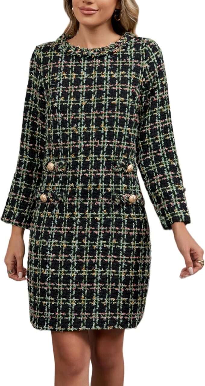 LifeShe Damen Langarm Tweed Minikleid Business Arbeit Kurzes Kleid Elegant Niedlich Partykleider