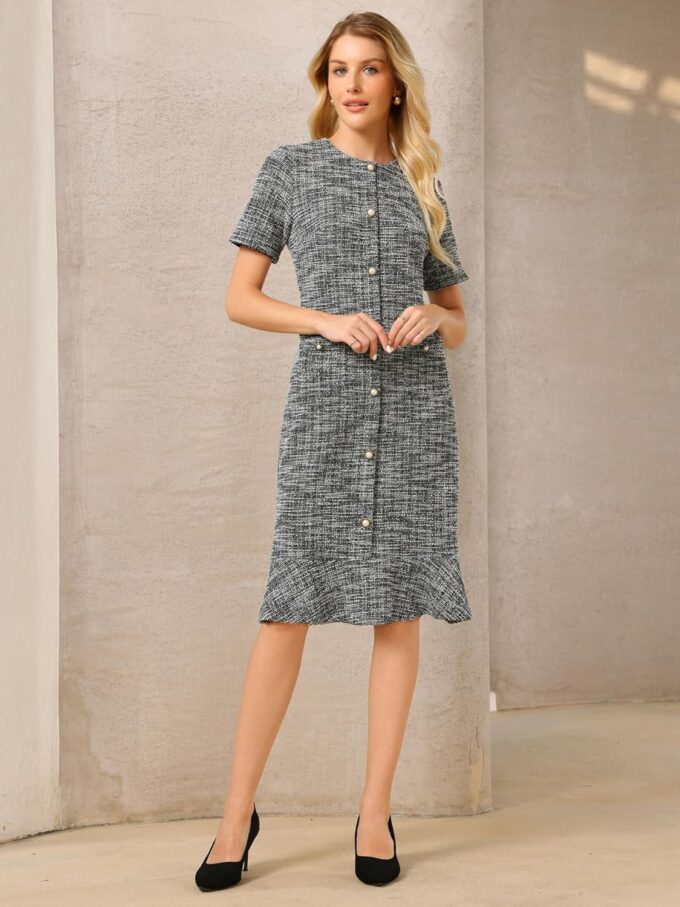 Women's Tweed Dress Short Sleeve 2025 Elegant Wedding Cocktail Bodycon Midi Fishtail Dresses – Bild 2