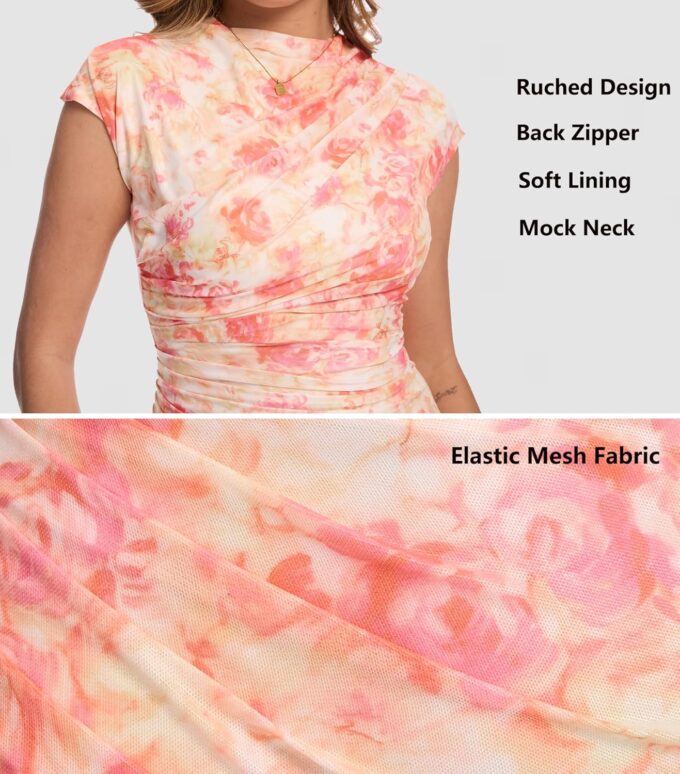 Women's Mock Neck Ruched Floral Mesh Bodycon Maxi Dress Cap Sleeve Tight Fitted Curvy Cocktail Club Party Dresses – Bild 5