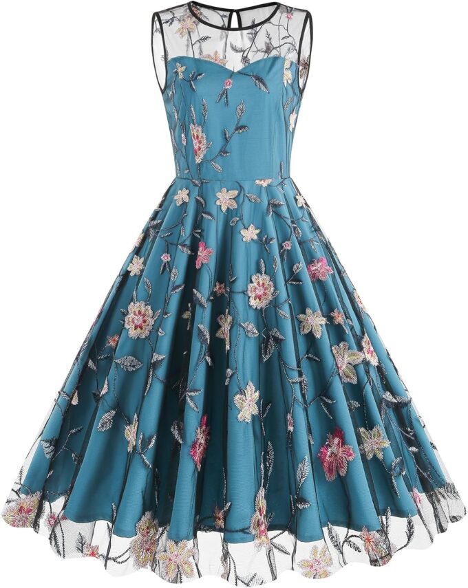 Floral Embroidered Dress for Women Sleeveless Keyhole Floral Mesh Dress Vintage Cocktail Tea Party Embroidered Tulle Dress
