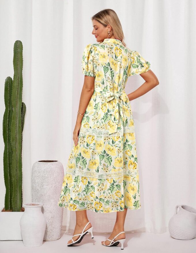 GRACE KARIN Women's 2025 Summer Floral Flowy Dresses Boho Tie Belt Short Puff Sleeve A Line Maxi Shirt Dress with Pocket – Bild 3