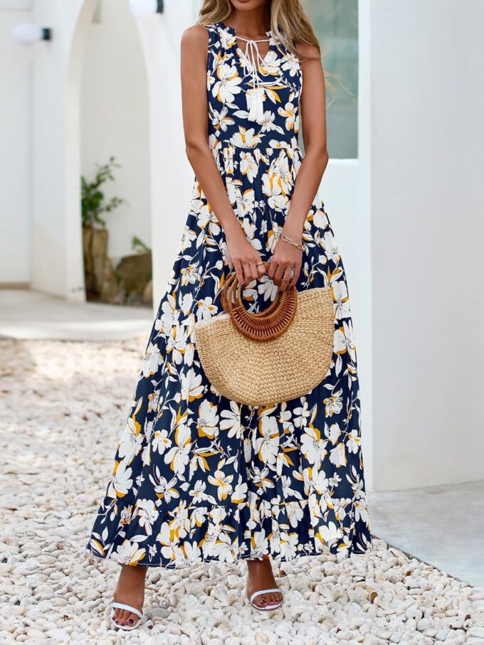 BTFBM Womens Summer Maxi Dresses 2025 Casual Sleeveless V Neck Loose Fit Floral Boho Dress Beach Long Sundress – Bild 7