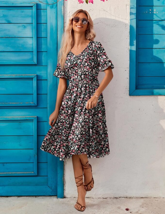 Zeagoo Women's Summer Dresses Midi Tiered Casual Dress Floral V Neck Ruffle Short Sleeve Flowy Beach Dress with Pockets – Bild 5