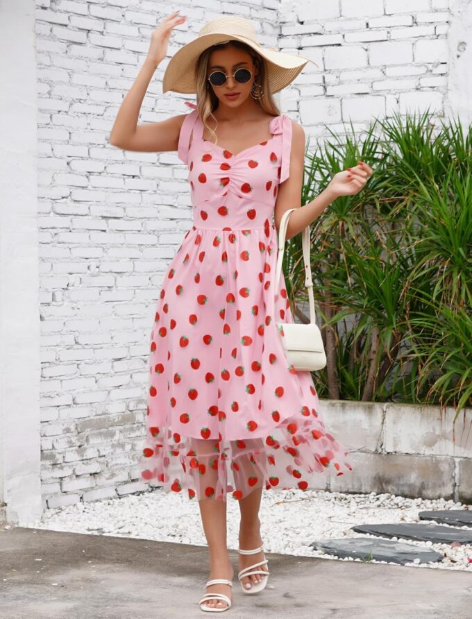 ODIZLI Women’s 1950s Retro Vintage Dress Adjustable Spaghetti Straps Mesh Strawberry/Flower/Cherry Swing Dress Cocktail Dress – Bild 4