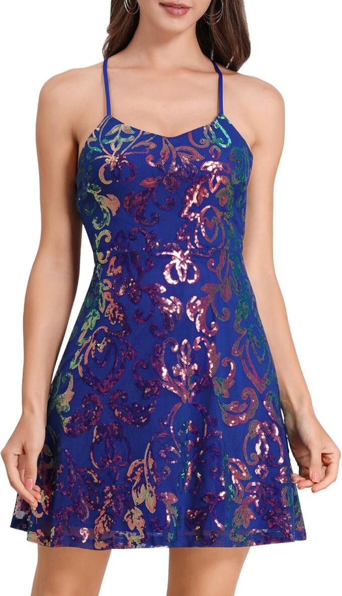 ABAFIP Women Sequin Mini Dress Strap Backless Cocktail Homecoming Short Flared A-Line Party Prom Dress – Bild 2