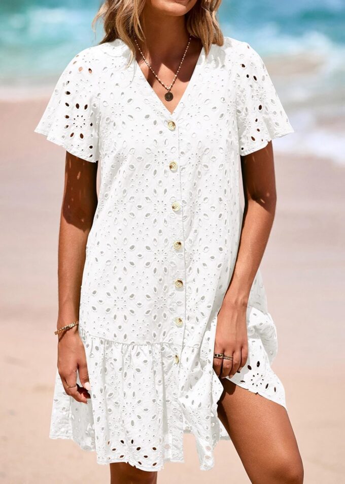 KIRUNDO Summer Dresses for Women 2025 Eyelet Button Down V Neck Short Sleeve Hollow Out A Line Loose Mini Babydoll Dress – Bild 5