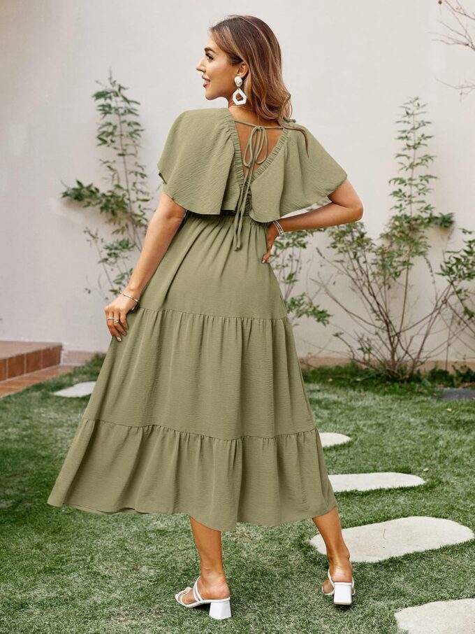 Amegoya Women's Casual Short Sleeve V Neck Floral Maxi Dresses Boho Beach Photoshoot Flowy Ruffle Long Dress – Bild 4
