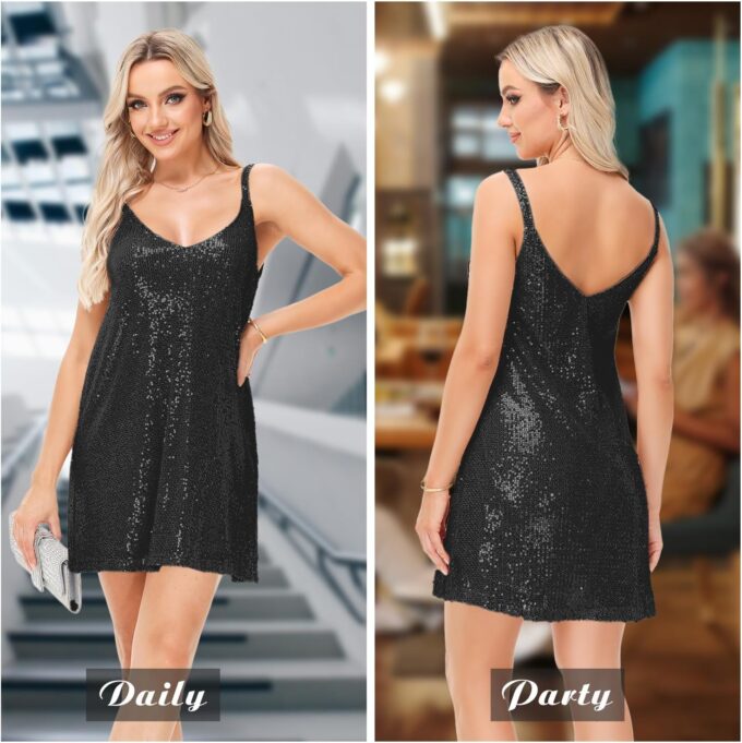 Women's Summer Sleeveless Mini Dress Deep V-Neck Glitter Sequin Dress Sexy Short Dress – Bild 4