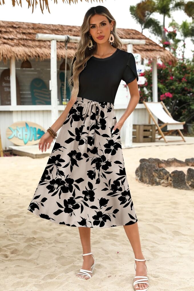 Zeagoo Womens Midi Dress Summer Short Sleeve Dress with Pockets 2025 Casual Floral T-Shirt Dress Flowy Beach Sundress – Bild 4