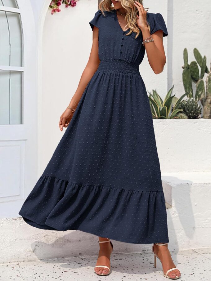 PRETTYGARDEN Womens Dresses 2025 Summer Maxi Dress Boho Short Sleeve V Neck Swiss Dot Ruffle Tiered Smocked Flowy Long Dress – Bild 3