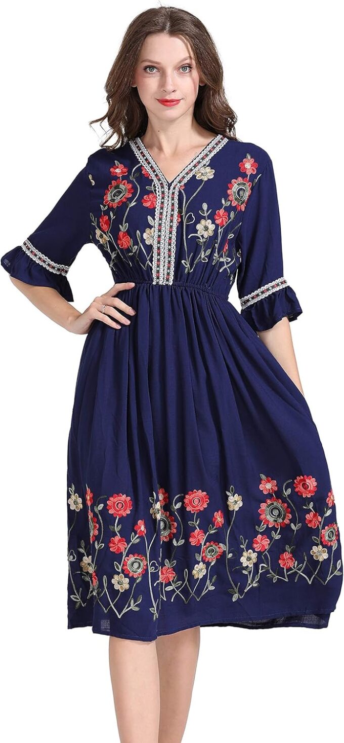 Shineflow Women's Short Sleeve Mexican Embroidered Floral Pleated Midi A-line Cocktail Dress – Bild 7