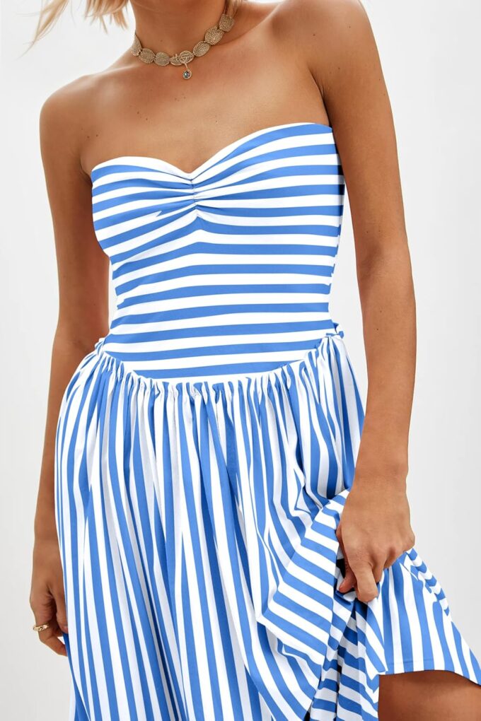 Women Striped Strapless Flowy Maxi Dress Backless Patchwork Tube Top Dress Summer Party Formal Long Dresses – Bild 2