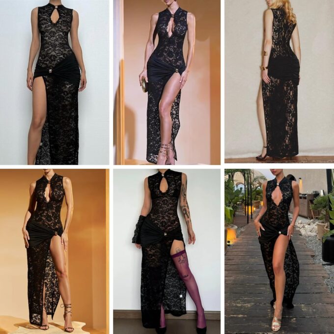 JUMISEE Women’s Sexy High Slit See Through Lace Maxi Dress Sleeveless Hollow Out Bodycon Cocktail Dress Evening Gown – Bild 5