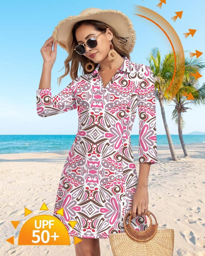 WOWENY 3/4 Sleeve Dress for Women with Pockets V Neck UPF 50+ Casual Sun Dress Breathable Quick Dry Beach Vacation – Bild 6