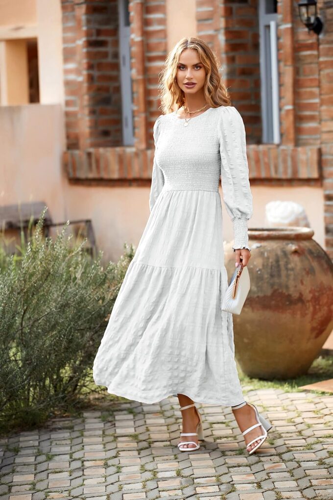PRETTYGARDEN Women 2025 Spring Puff Long Sleeve Crewneck Smocked Maxi Dress Empire Waist Tiered A-line Swing Flowy Long Dress – Bild 4