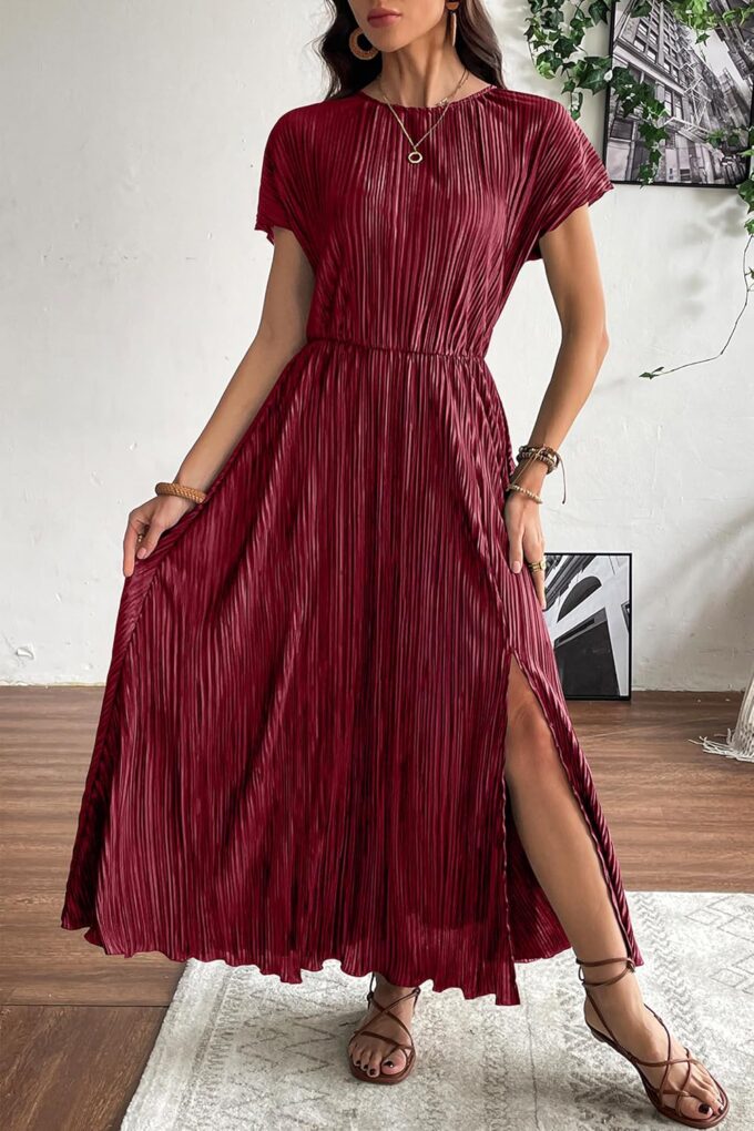 CCTOO Womens Summer Maxi Dresses: Casual Short Sleeve Crewneck Slit Sundress Ruffle Pleated Long Flowy Party Cocktail Dress – Bild 2