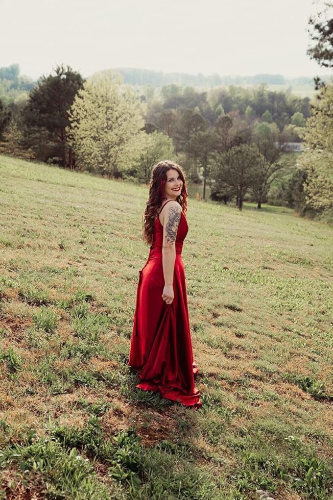 Women's V Neck Satin Bridesmaid Dresses 2025 Spaghetti Straps Prom Dresses A Line Formal Party Dress with Slit UU03 – Bild 4