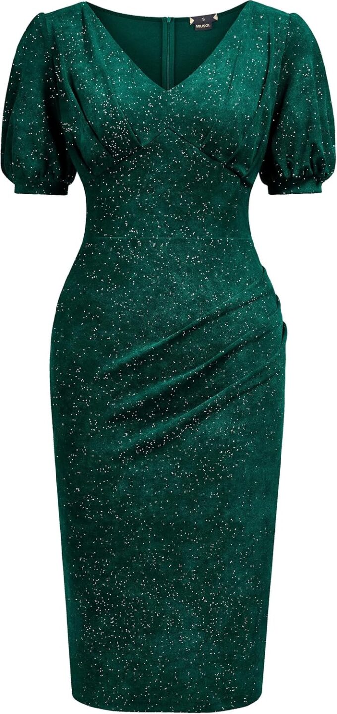 Miusol Women's Retro V-Neck Elegant Glitter Wrap Ruched Puff Sleeve Cocktail Party Dress – Bild 3