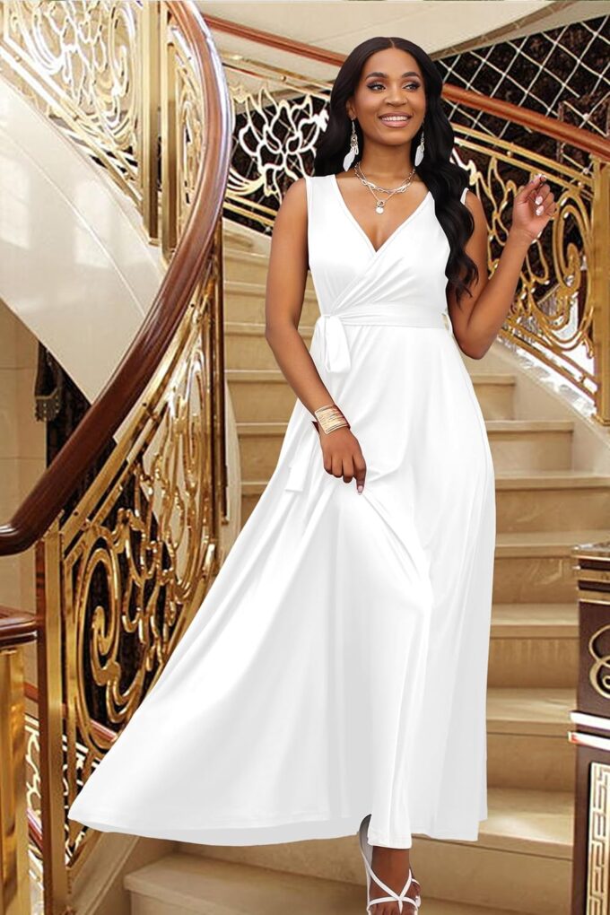 FANDEE Women Summer Semi-Formal Maxi Sleeveless Empire Waist V Neck A-Line Flowy Waist Belted Casual Vacation Cocktail Dress – Bild 4