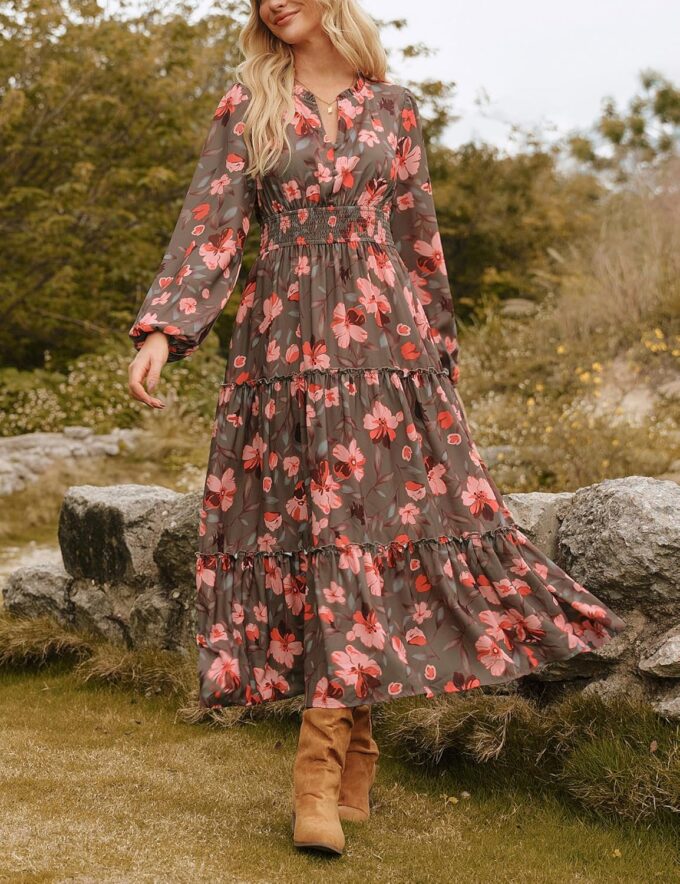 GRACE KARIN Women's Floral Maxi Dress Long Sleeve V Neck Casual A Line Spring Fall Winter Flowy Tiered Dresses with Pockets – Bild 2