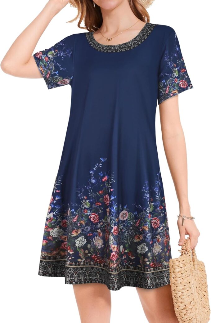 Summer Dresses for Women Casual Short Sleeve Sundress Scoop Neck Beach T Shirt Dress with Pockets – Bild 4