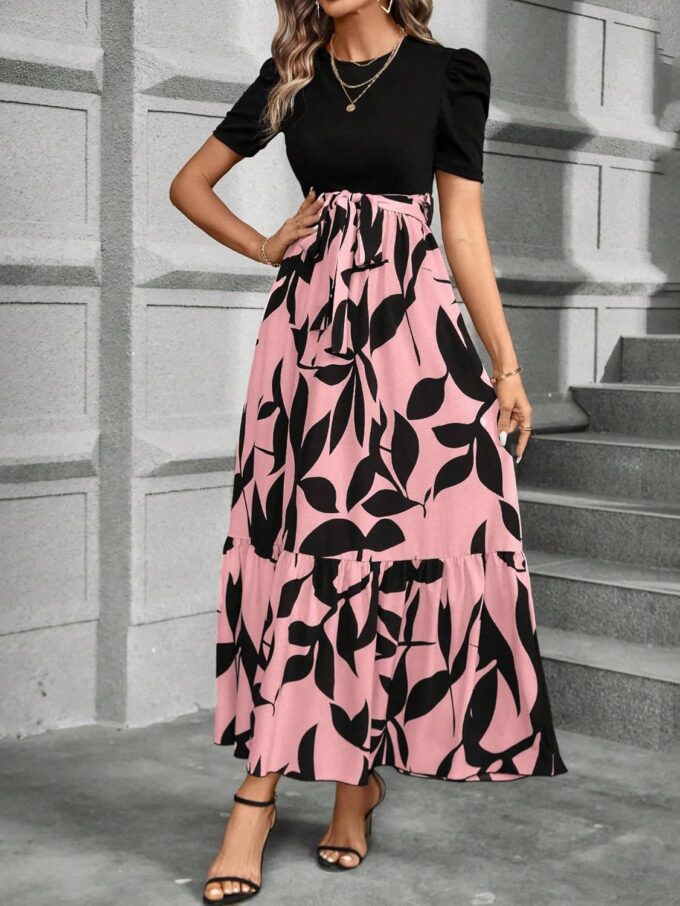 PerZeal Women's Casual Summer Crewneck A Line Short Sleeve Print Flowy Boho Long Maxi Dress with Belt – Bild 5