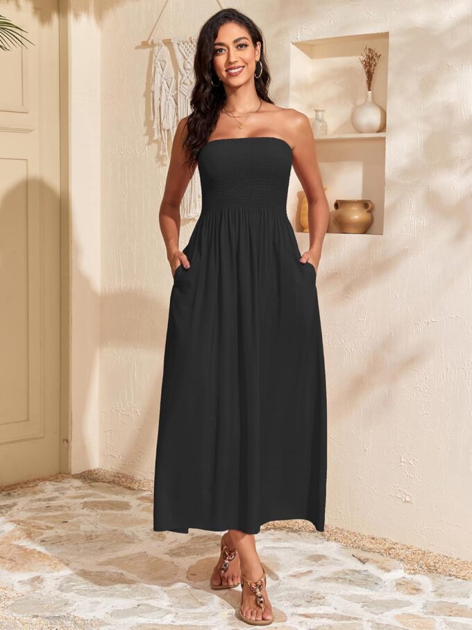 Capuffy Women's Strapless Boho Beach Dress Sleeveless Tube 2025 Summer A Line Sundress with Pockets Flowy Swing Maxi Dress 33 – Bild 4