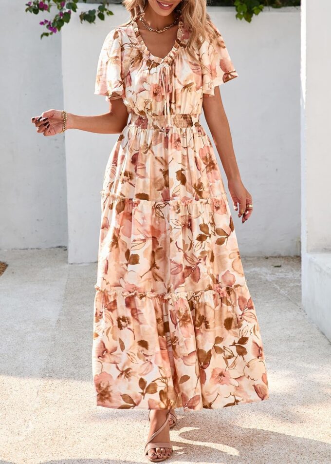 KIRUNDO Womens Summer Boho Floral Maxi Dress Flutter Short Sleeve V Neck Ruffle Tiered Flowy Beach Wedding Guest Dresses – Bild 4