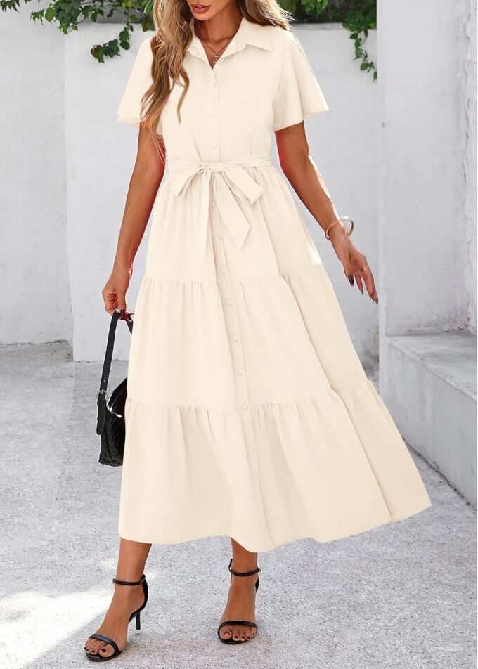 KIRUNDO Summer Button Down Wedding Guest Shirt Dresses for Women Maxi Flutter Short Sleeve Flowy Tiered Beach Sun Dress – Bild 5