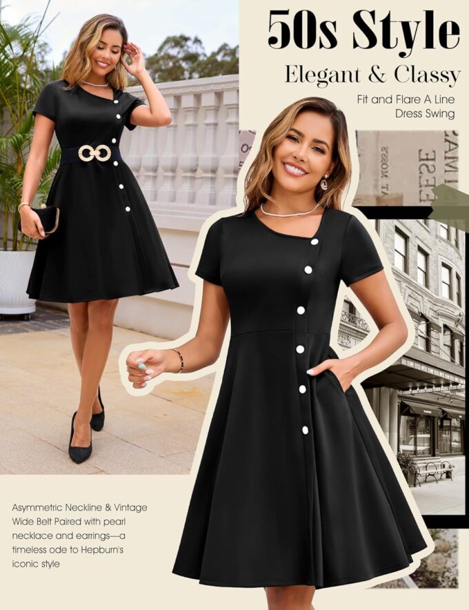 Aupuls Vintage Cocktail Dress with Pockets 1950s Dresses for Women Elegant for Church Tea Party – Bild 2