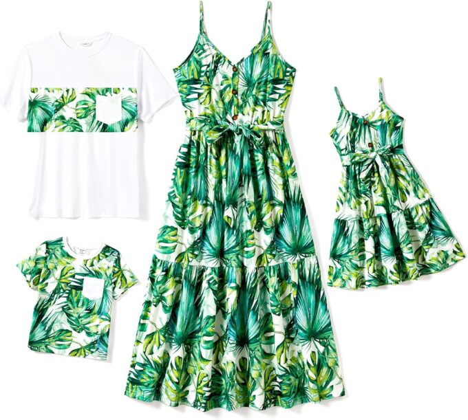 PATPAT Family Matching Outfits Mommy and Me Dresses Spaghetti Sleeveless Summer Vacation Hawaiian Dress and T-Shirts Sets