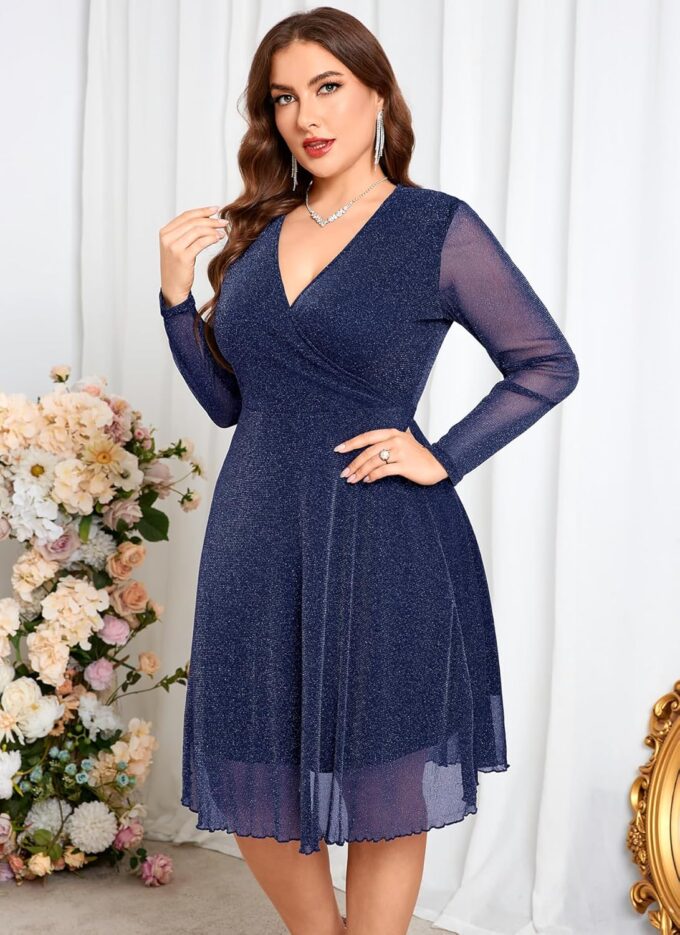 CYCLAMEN Plus Size Glitter Dress Sparkly Mesh Long Sleeve Wrap V Neck A Line for Wedding Guest Cocktail Club Nights – Bild 5