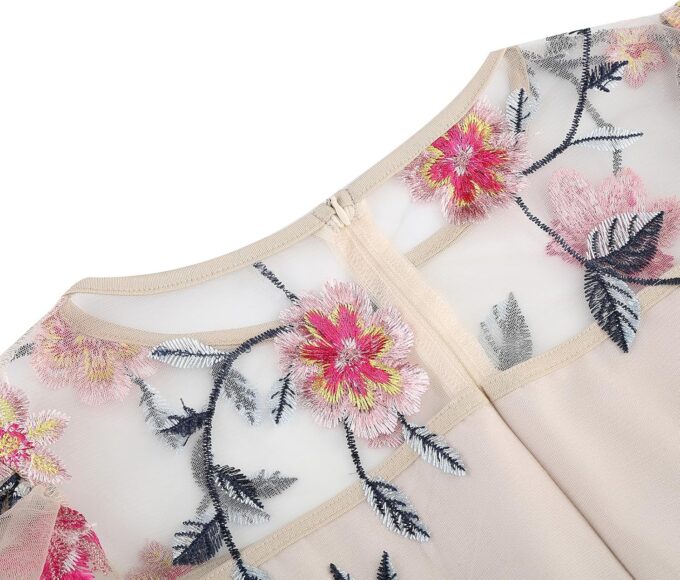 1950s Dresses for Women Vintage Floral Embroidery Mesh Dress Illusion Round Neck Short Sleeve – Bild 5