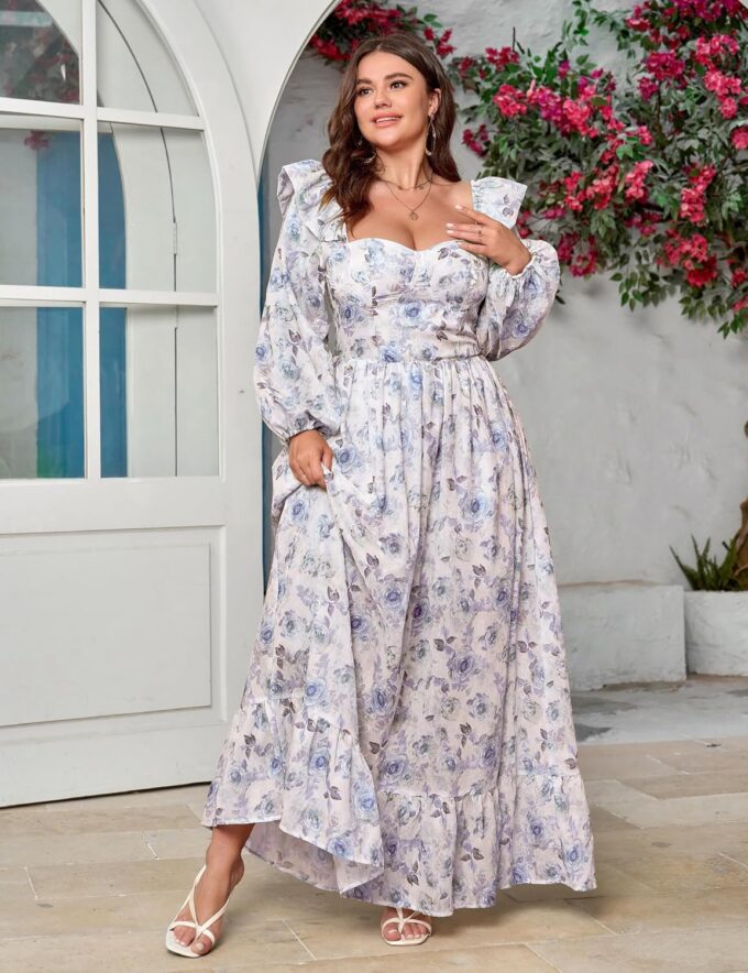 Women's Floral Puff Long Sleeve Maxi Dress Sexy Sweetheart Corset Boho Chiffon Flowy Smocked Long Dresses – Bild 2