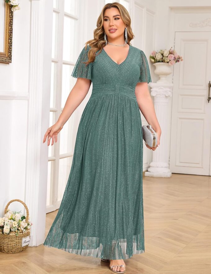 ZOMVA Plus Size Maxi Formal Dress Sparkly V-Neck A-line Ruffle Sleeves Evening Gown Cocktail Prom Glitter – Bild 5