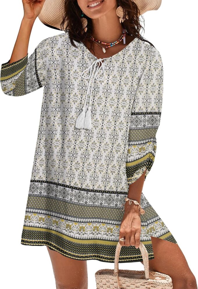 Zeagoo Womens Boho Dresses Casual Beach Summer Dress Tassel Tie Neck 3/4 Long Sleeve Mini Sundress 2025 Floral Print Cover Up – Bild 2