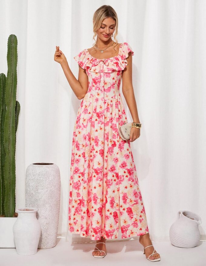 GRACE KARIN 2025 Womens Maxi Dresses Summer Off Shoulder Floral Dress Ruffle Split Beach Flowy Boho Wedding Guest Dress – Bild 5