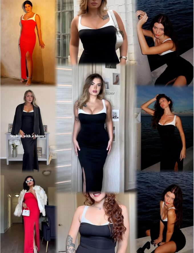 Popilush Summer Maxi Dress for Women - Shapewear Formal Cocktail Party Long Dresses Contrast Trim V Neck Bodycon Dress – Bild 2