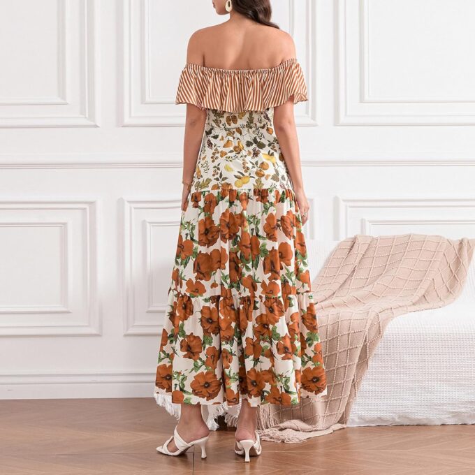 Woman Summer Floral Off Shoulder Long Dress Elastic Ruffled Short Sleeves Maxi Dresses Slim Fit Smocking Dress – Bild 4
