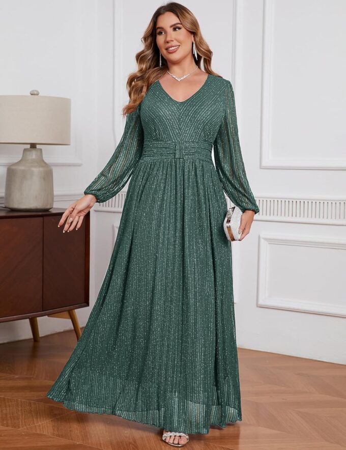 ZOMVA Plus Size Maxi Formal Dress Sparkly V-Neck A-line Ruffle Sleeves Evening Gown Cocktail Prom Glitter – Bild 3