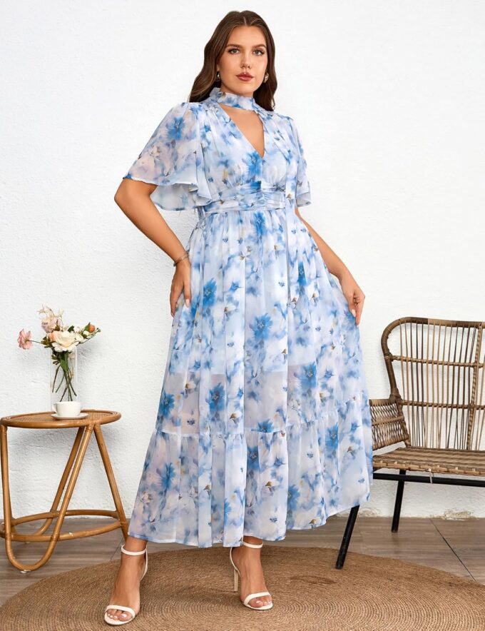 Women's 2025 Floral Summer Dress Smocked V Neck Boho Plus Size Beach Party Wedding Guest Ruffle Long Dresses – Bild 2