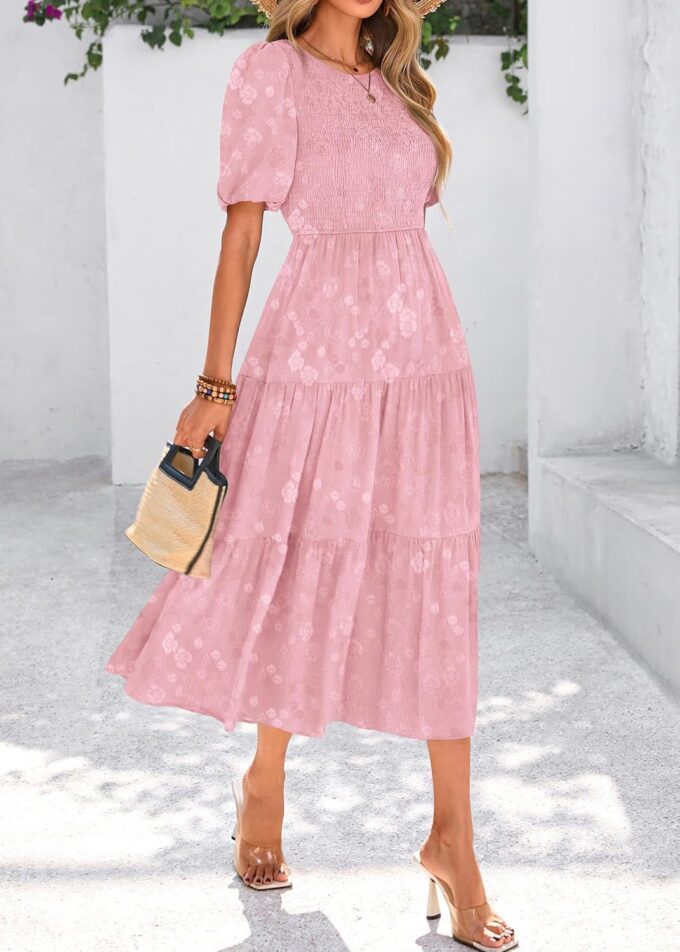 KIRUNDO Womens Summer Dresses Wedding Guest Floral Midi Sundress Short Puff Sleeve Flowy A Line Smocked Tiered Boho Dress – Bild 5