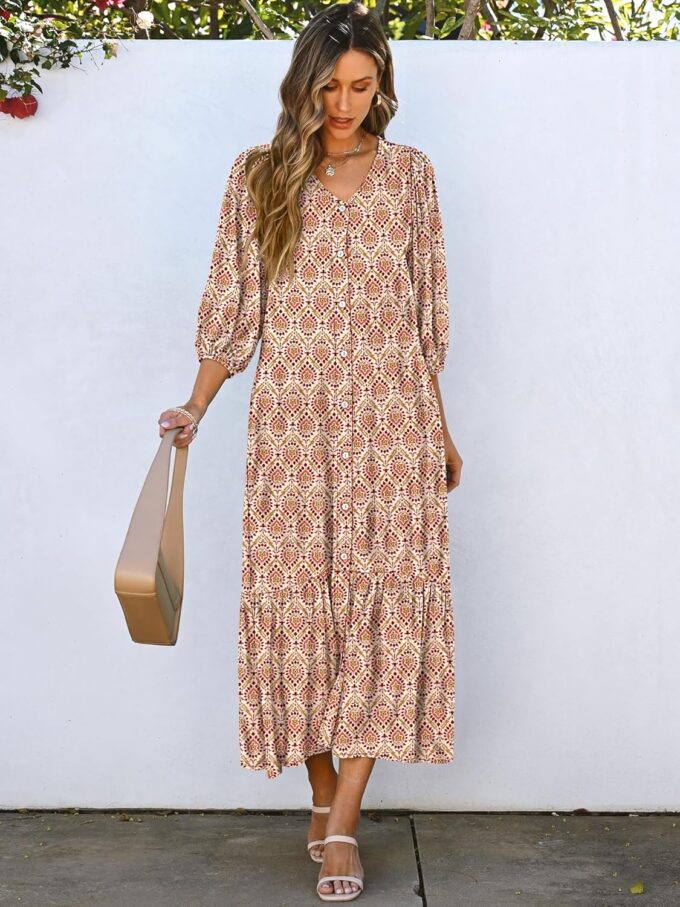 ANRABESS Boho Maxi Dresses for Women Summer Puff Sleeve V Neck Flowy Long Casual Dress with Pockets 2025 Vacation Outfits – Bild 6