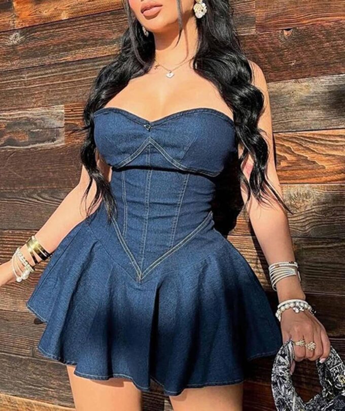xxxiticat Women's Denim Tube Dress Sleeveless Pleated Skirt Hem Strapless A-Line Flared Off Shoulder Mini Jeans Dresses – Bild 2