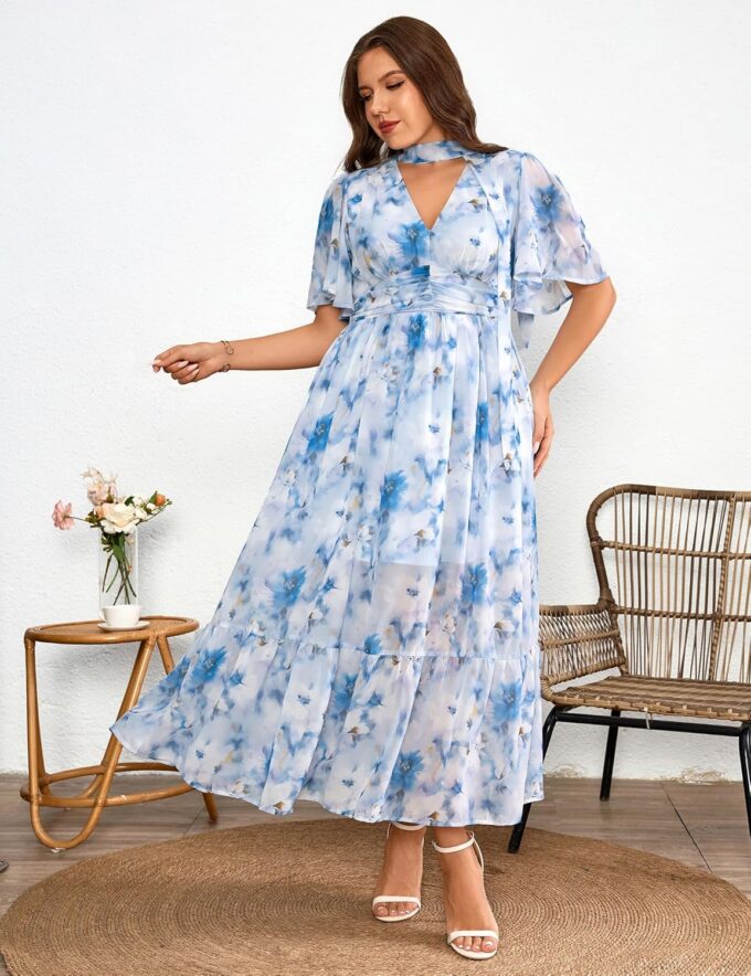 Women's 2025 Floral Summer Dress Smocked V Neck Boho Plus Size Beach Party Wedding Guest Ruffle Long Dresses – Bild 3