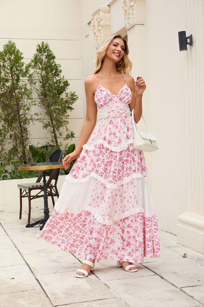 Women Floral Patchwork Maxi Dress V Neck Sleeveless Cross Back Spaghetti Strap Tiered Sundress Summer Long Dress – Bild 4