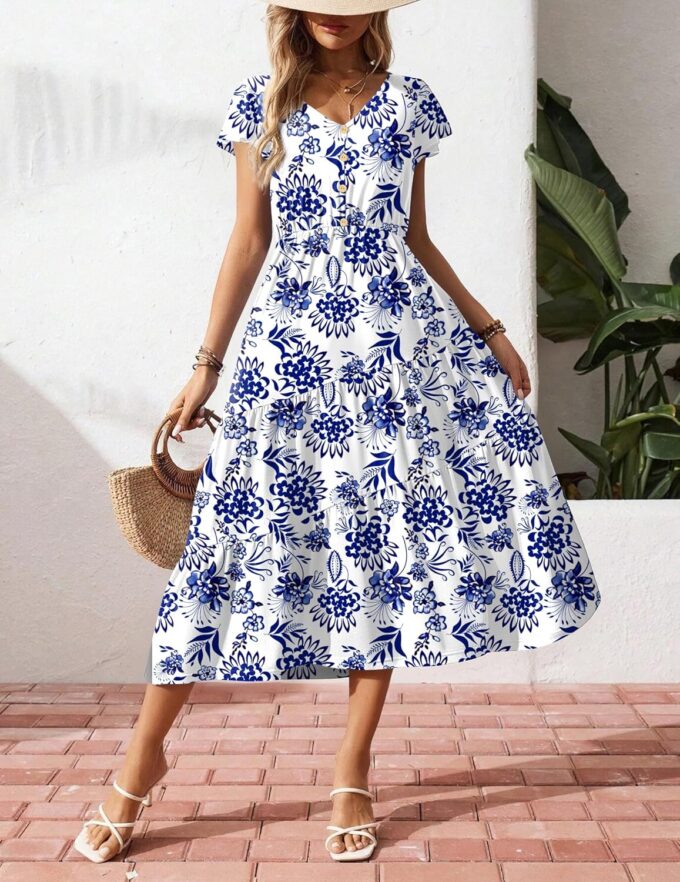 Zeagoo Women's Summer Casual Dress Flutter Short Sleeve V Neck Button Down Tiered Flowy Long Dress with Pockets – Bild 4